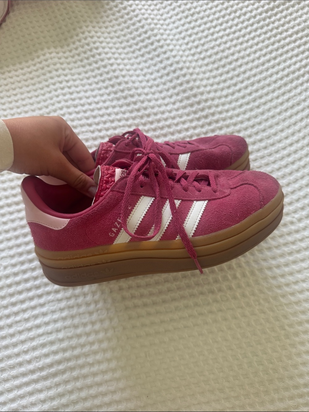 adidas Gazelle Platform Sneaker in Burgundy Pink with White Stripes